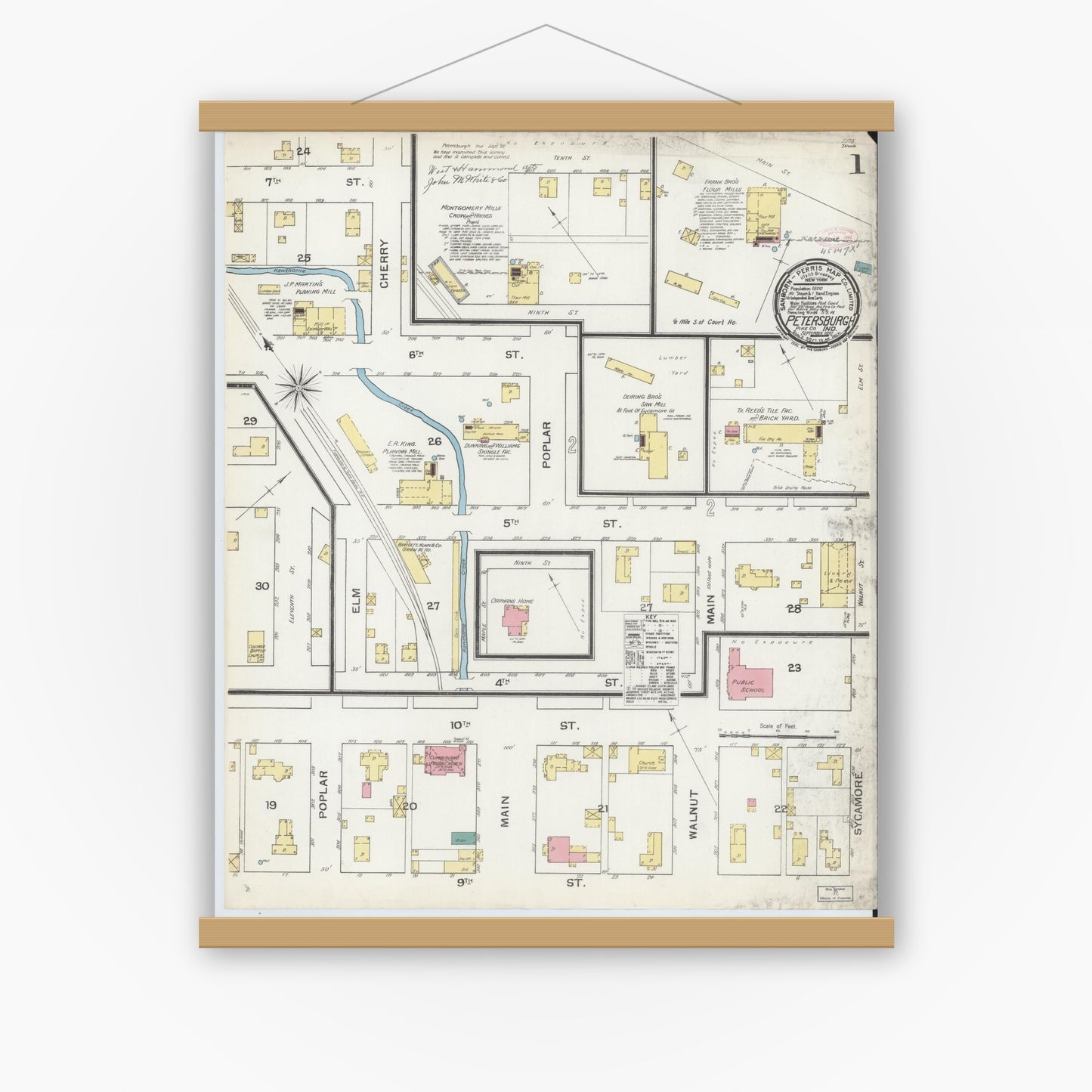 Old map wall art mockup — magnetic wood frame on white wall — Sanborn Fire Insurance Map from Petersburg, Pike County, Indiana (1892) - Complete Map Set