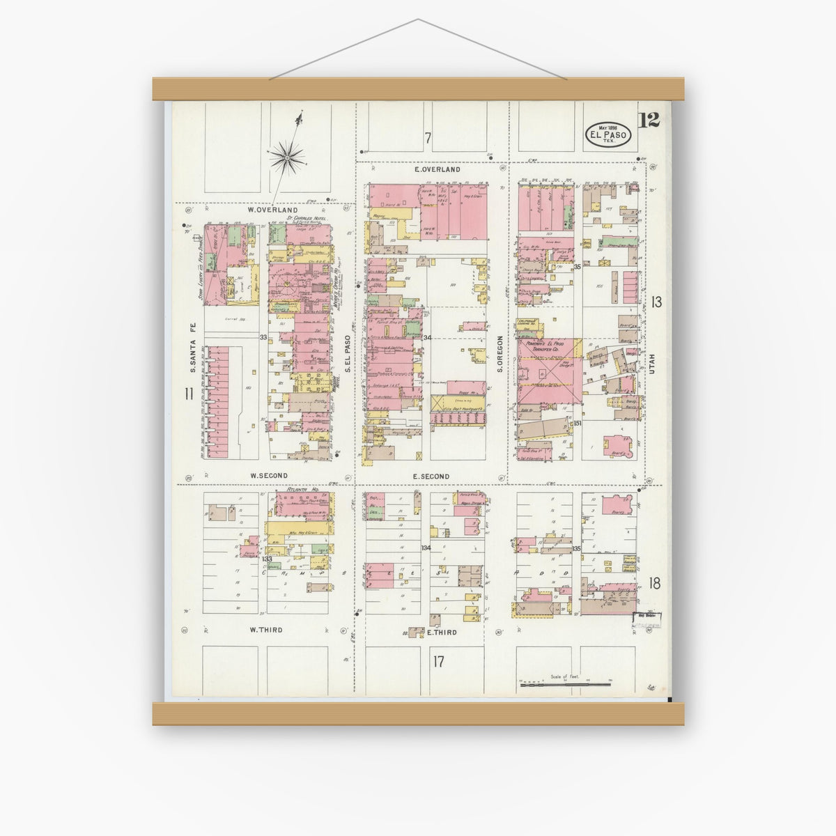Old map wall art mockup — magnetic wood frame on white wall — Sanborn Fire Insurance Map from El Paso, El Paso County, Texas (1898), Sheet #0012