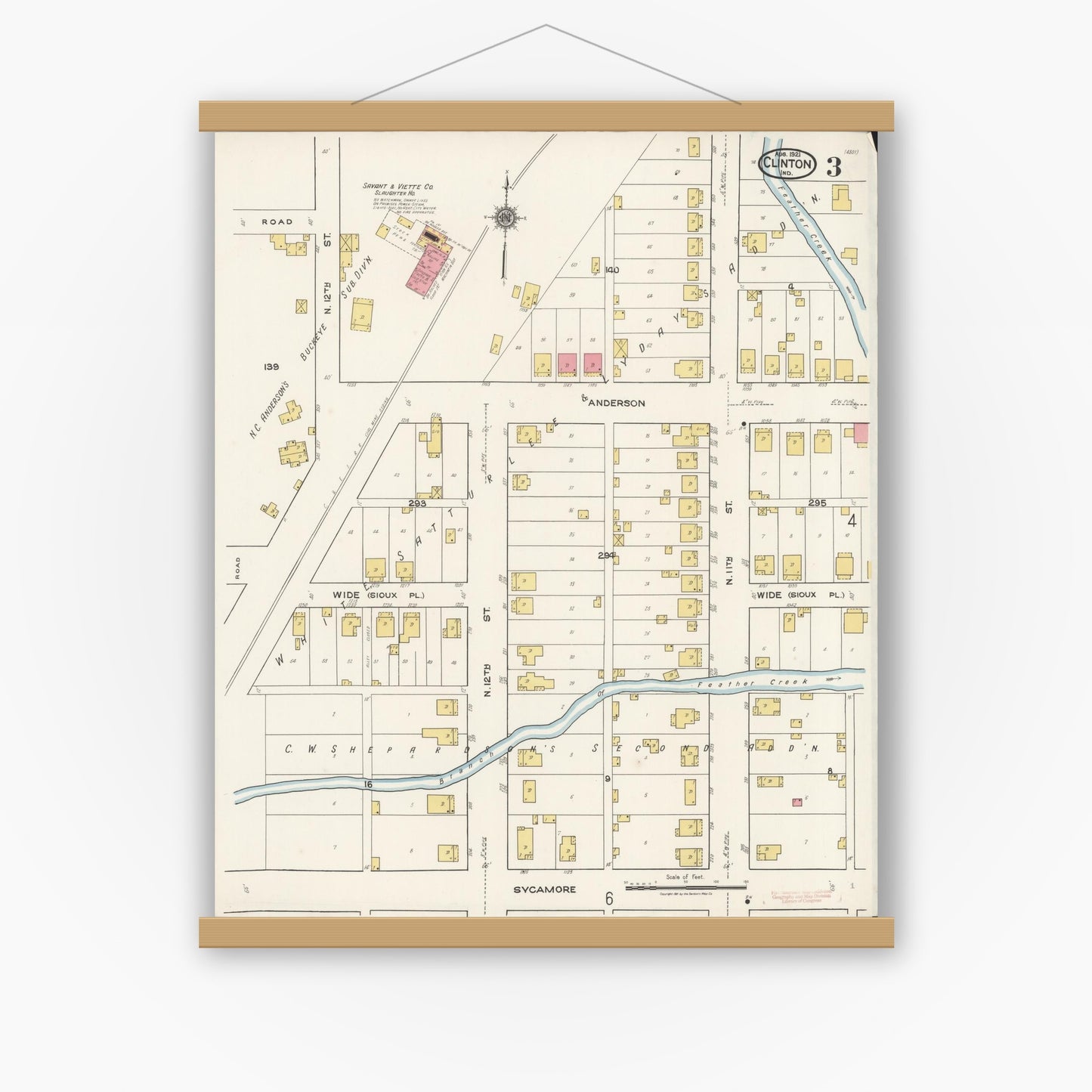 Old map wall art mockup — magnetic wood frame on white wall — Sanborn Fire Insurance Map from Clinton, Vermillion County, Indiana (1921), Sheet #0003
