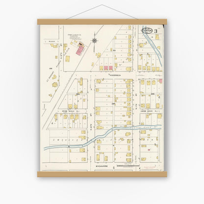 Old map wall art mockup — magnetic wood frame on white wall — Sanborn Fire Insurance Map from Clinton, Vermillion County, Indiana (1921), Sheet #0003