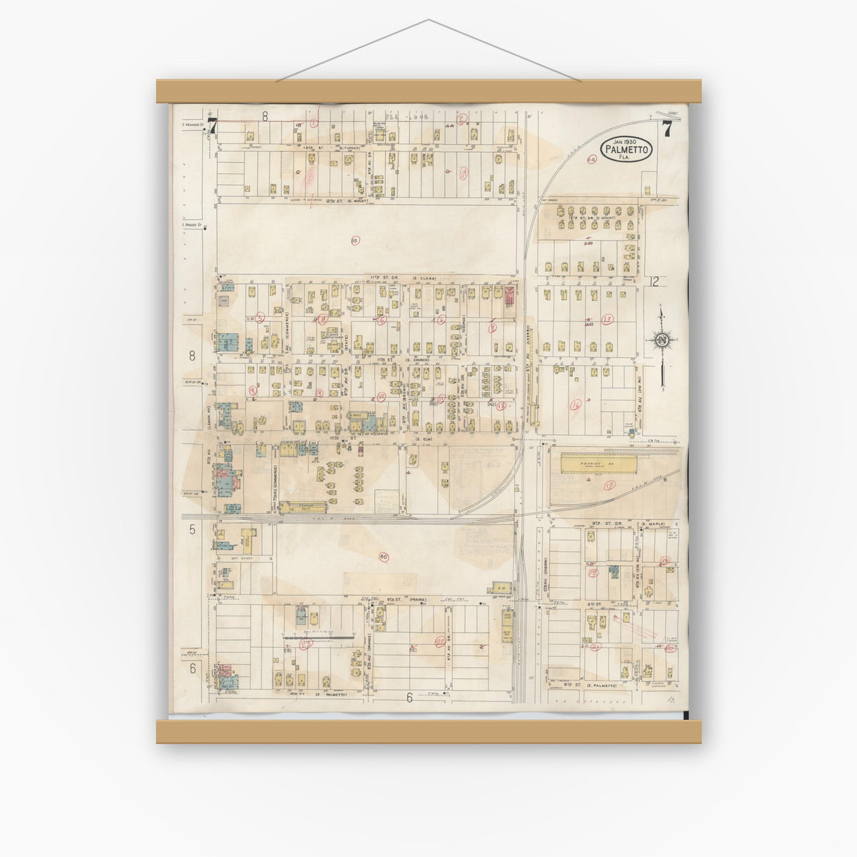 Old map wall art mockup — magnetic wood frame on white wall — Sanborn Fire Insurance Map from Palmetto, Manatee County, Florida (1944), Sheet #0007