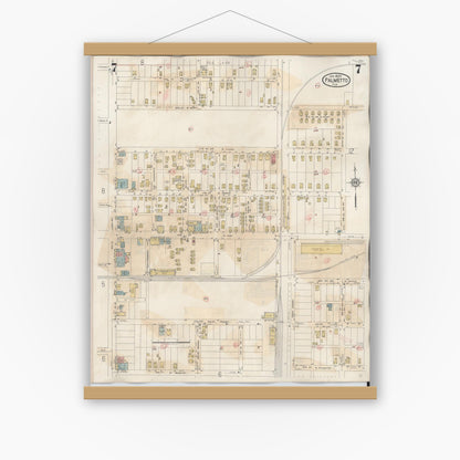 Old map wall art mockup — magnetic wood frame on white wall — Sanborn Fire Insurance Map from Palmetto, Manatee County, Florida (1944), Sheet #0007