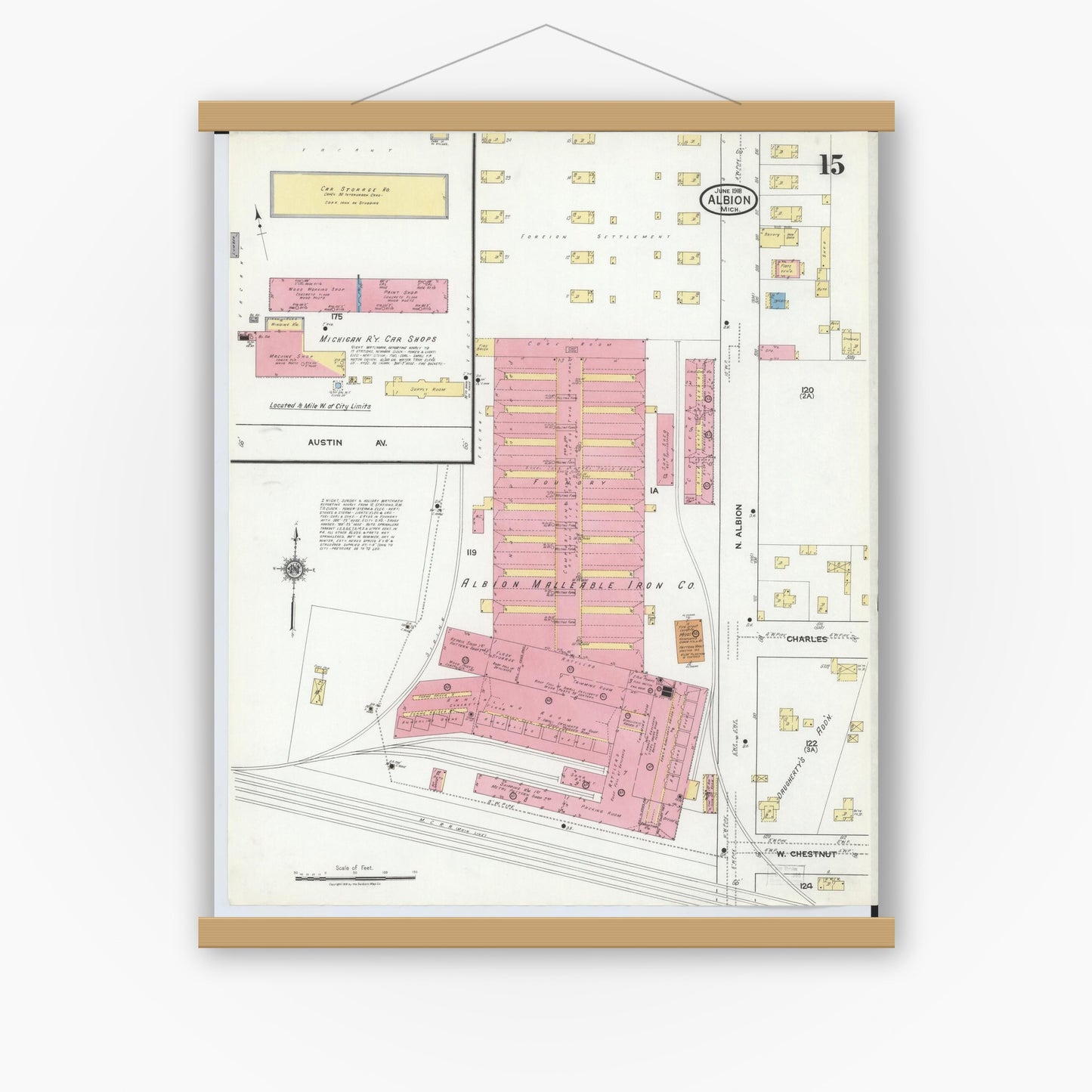 Old map wall art mockup — magnetic wood frame on white wall — Sanborn Fire Insurance Map from Albion, Calhoun County, Michigan (1918), Sheet #0015