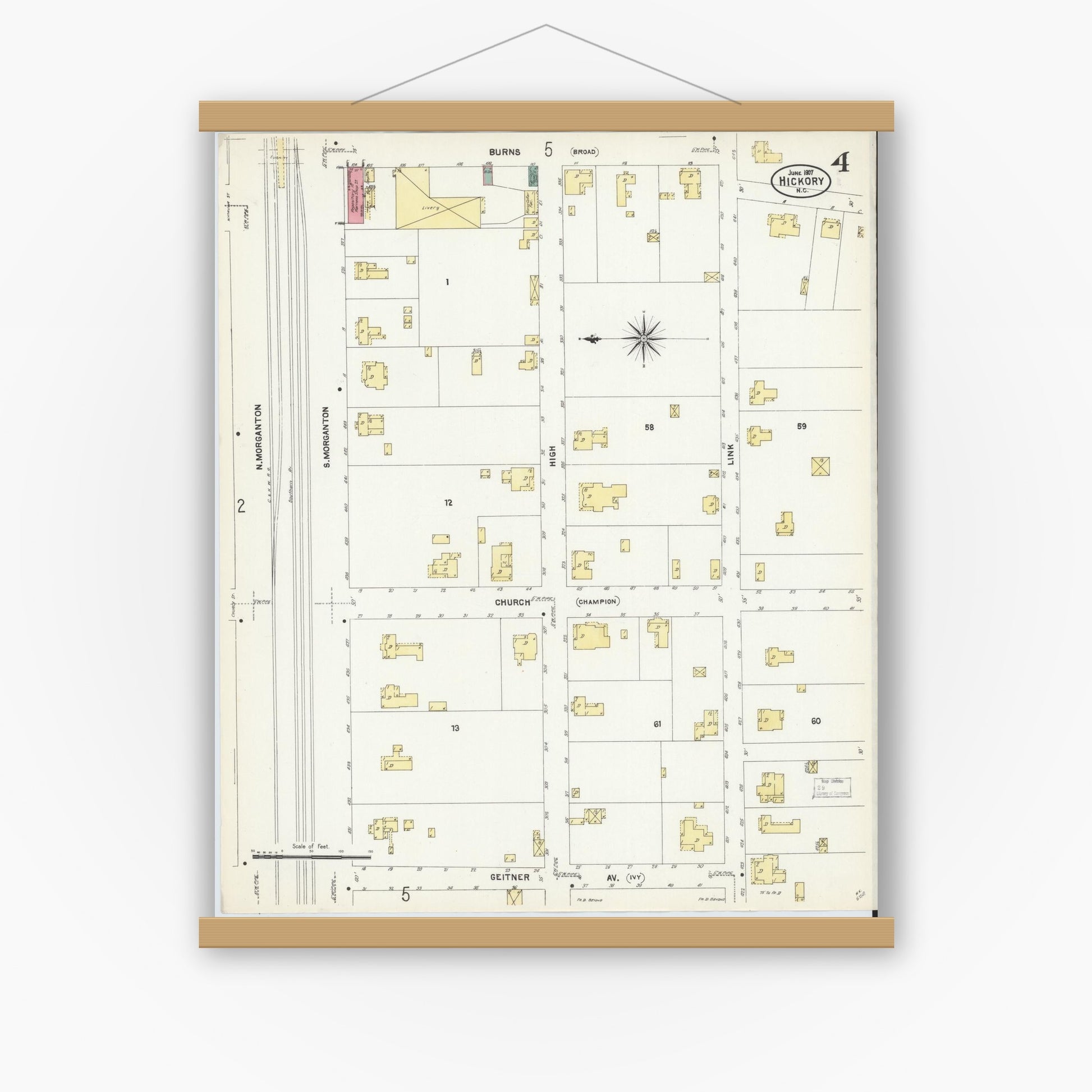 Old map wall art mockup — magnetic wood frame on white wall — Sanborn Fire Insurance Map from Hickory, Catawba County, North Carolina (1907), Sheet #0004