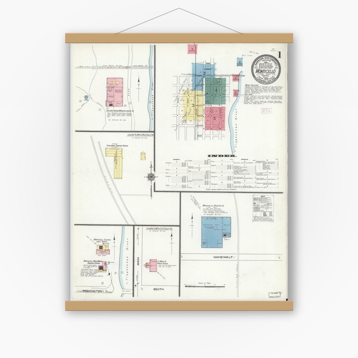 Old map wall art mockup — magnetic wood frame on white wall — Sanborn Fire Insurance Map from Monticello, White County, Indiana (1909), Sheet #0001