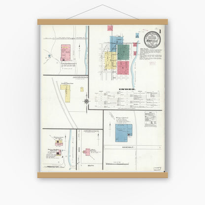 Old map wall art mockup — magnetic wood frame on white wall — Sanborn Fire Insurance Map from Monticello, White County, Indiana (1909), Sheet #0001