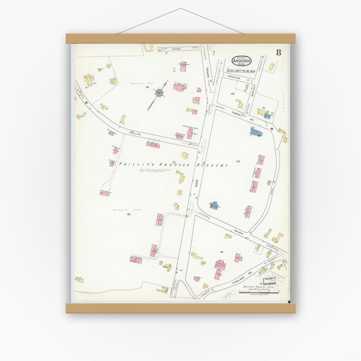 Old map wall art mockup — magnetic wood frame on white wall — Sanborn Fire Insurance Map from Andover, Essex County, Massachusetts (1917), Sheet #0008