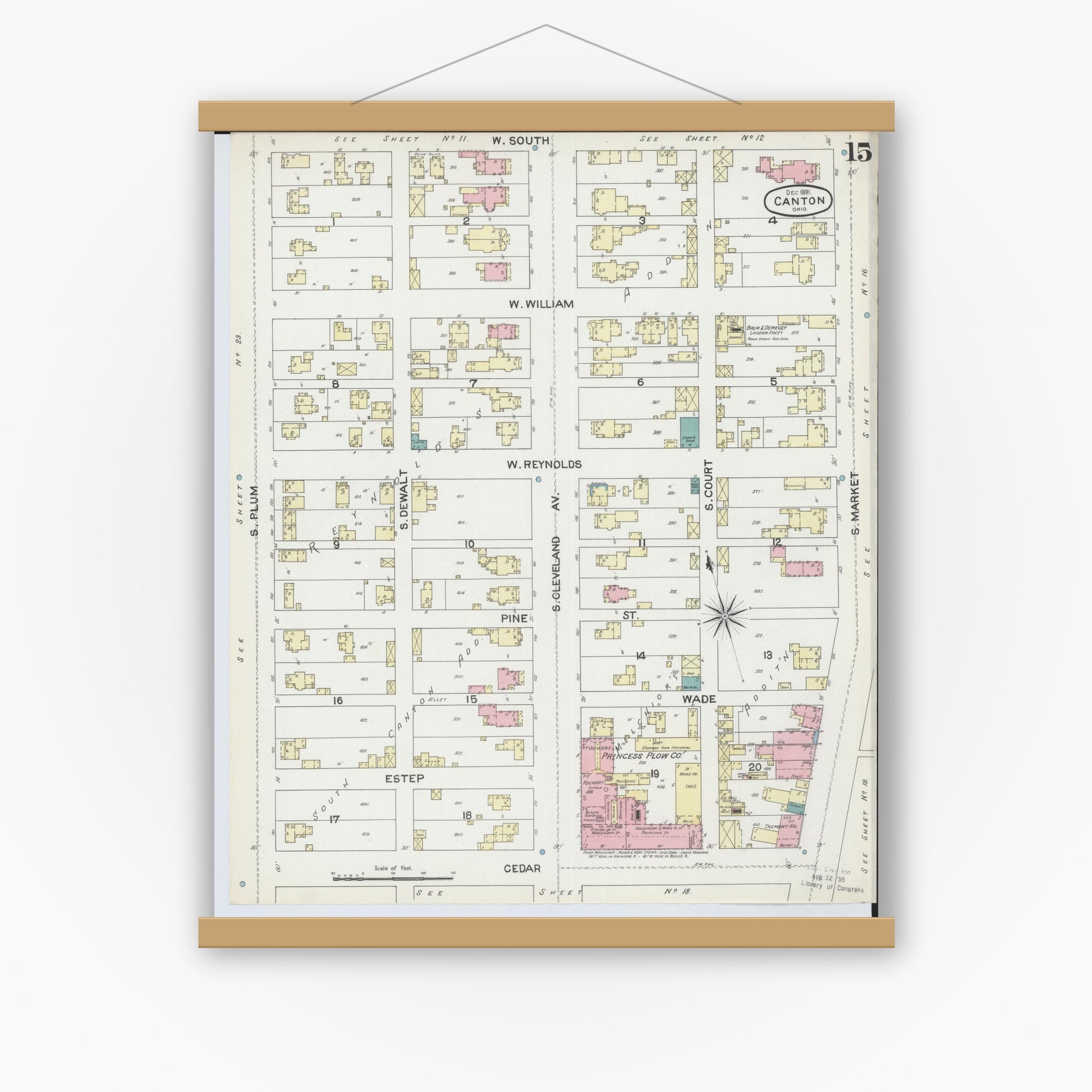 Old map wall art mockup — magnetic wood frame on white wall — Sanborn Fire Insurance Map from Canton, Stark County, Ohio (1891), Sheet #0015