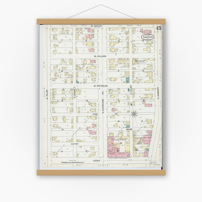 Old map wall art mockup — magnetic wood frame on white wall — Sanborn Fire Insurance Map from Canton, Stark County, Ohio (1891), Sheet #0015