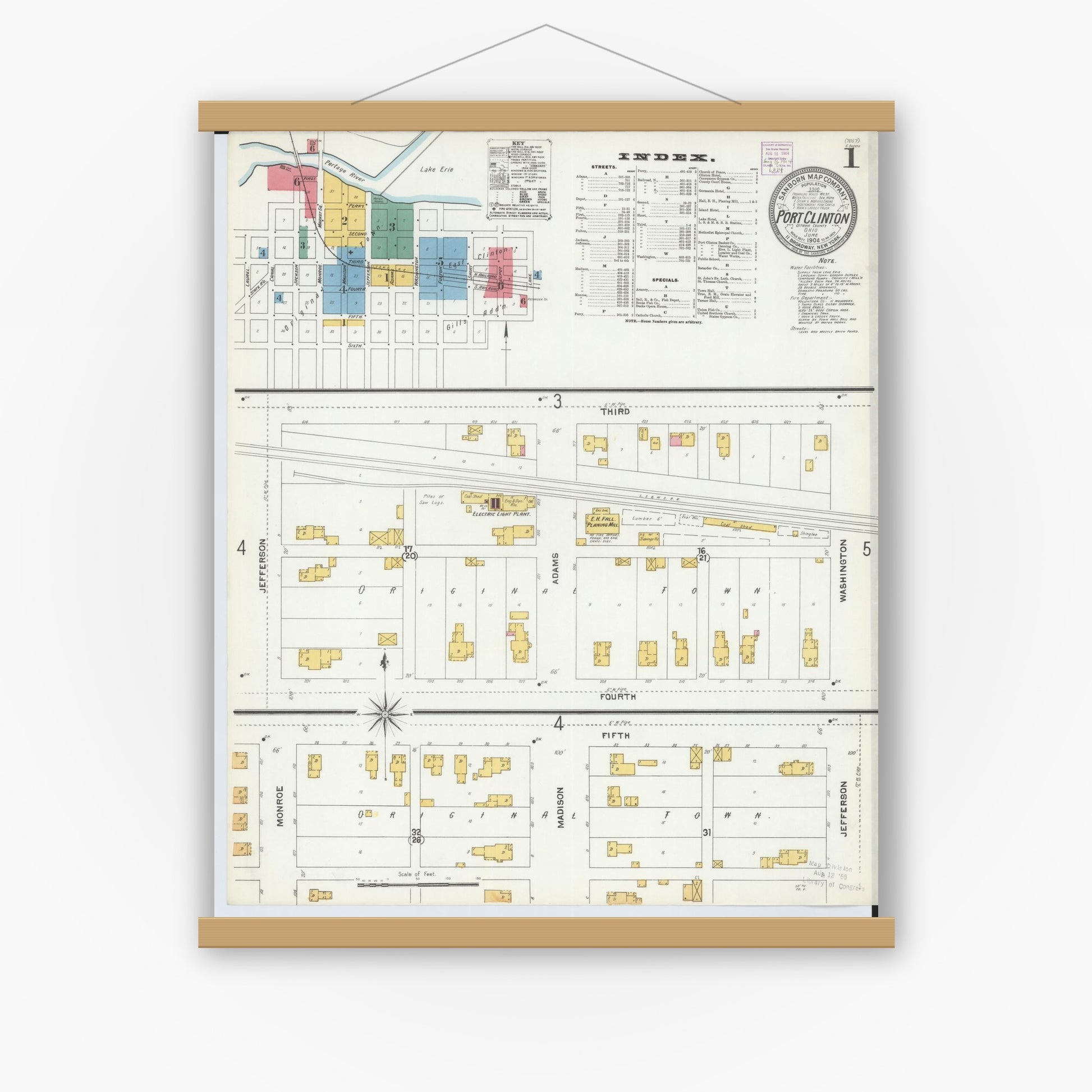 Old map wall art mockup — magnetic wood frame on white wall — Sanborn Fire Insurance Map from Port Clinton, Ottawa County, Ohio (1904) - Complete Map Set