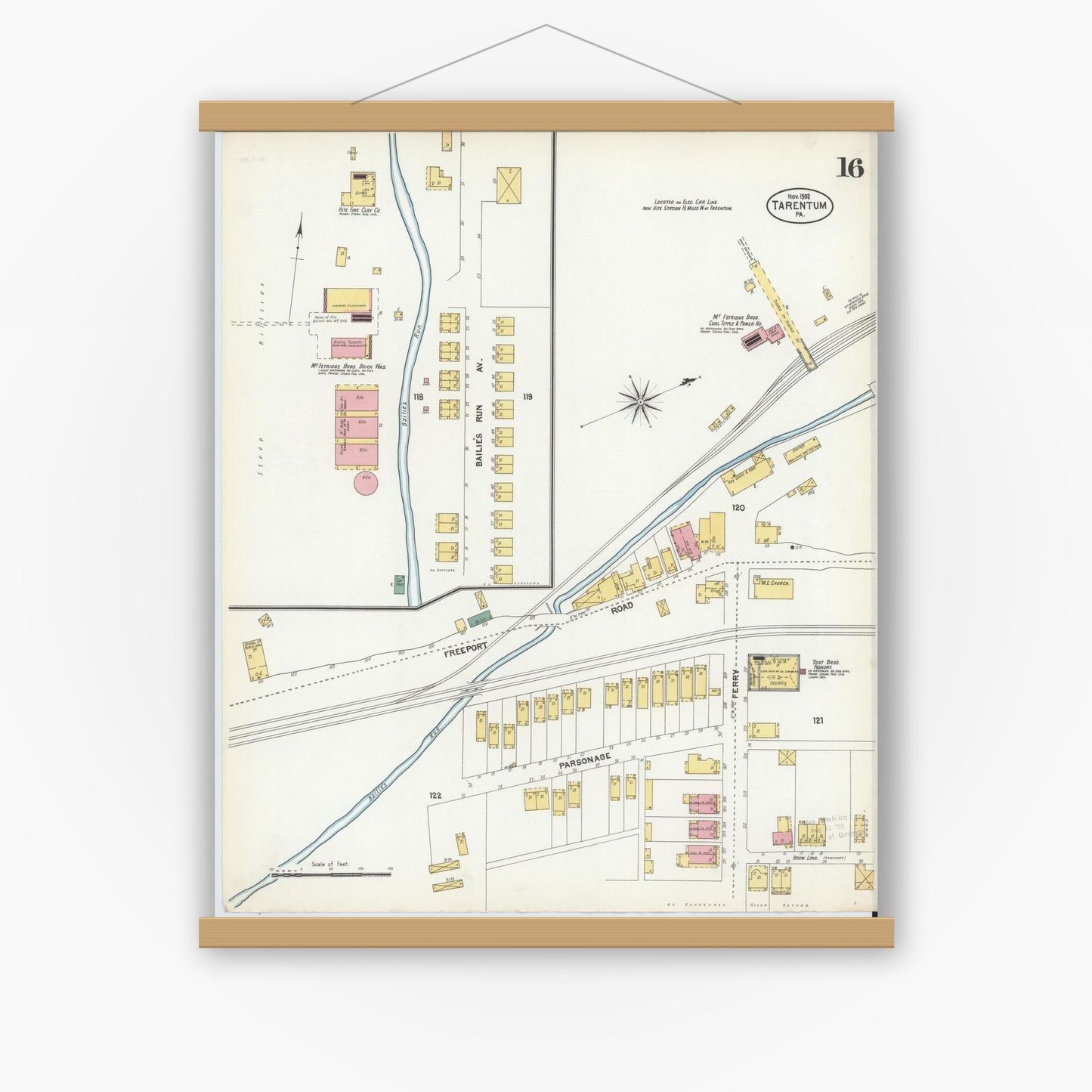 Old map wall art mockup — magnetic wood frame on white wall — Sanborn Fire Insurance Map from Tarentum, Allegheny County, Pennsylvania (1902), Sheet #0016