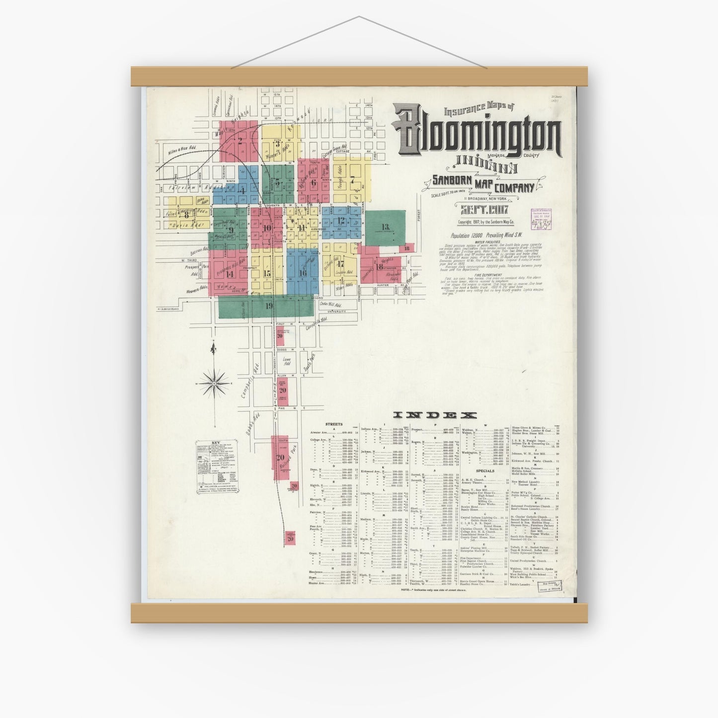 Old map wall art mockup — magnetic wood frame on white wall — Sanborn Fire Insurance Map from Bloomington, Monroe County, Indiana (1907) - Complete Map Set