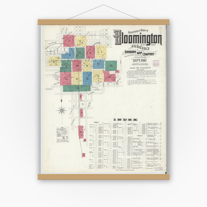 Old map wall art mockup — magnetic wood frame on white wall — Sanborn Fire Insurance Map from Bloomington, Monroe County, Indiana (1907) - Complete Map Set