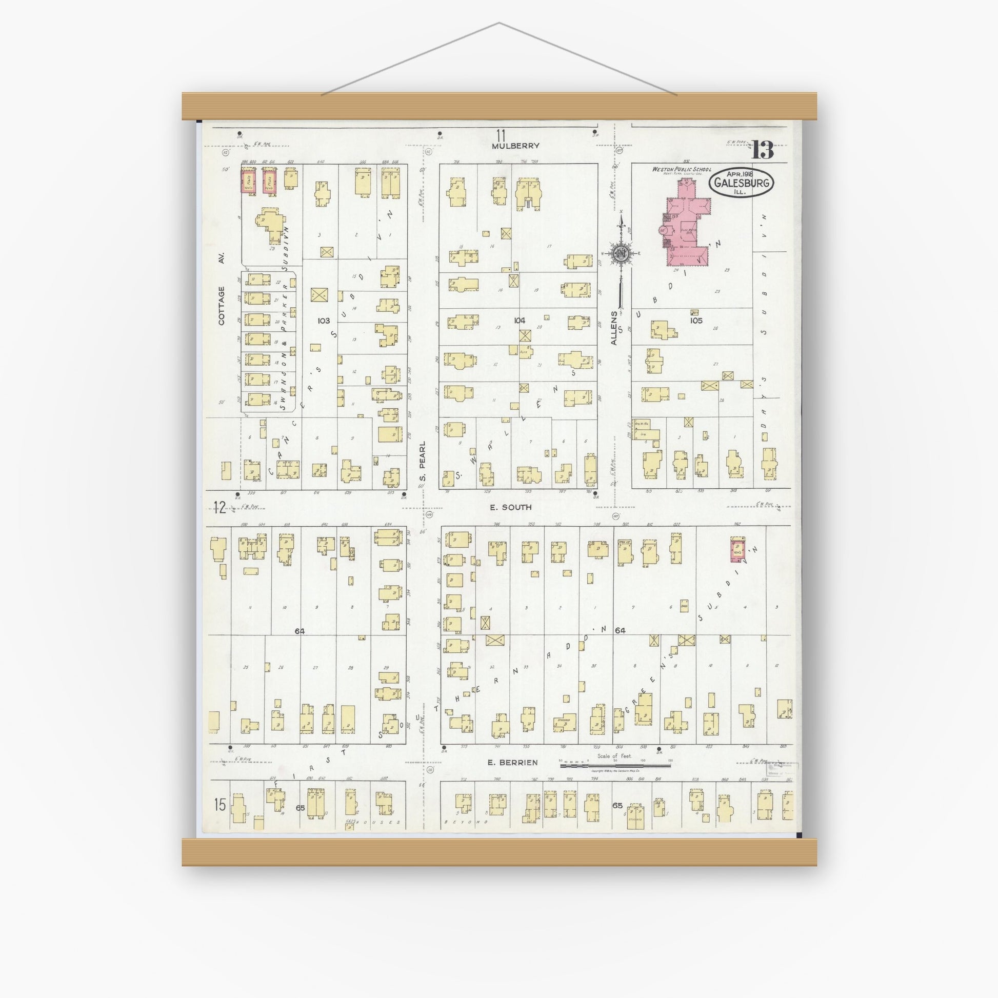 Old map wall art mockup — magnetic wood frame on white wall — Sanborn Fire Insurance Map from Galesburg, Knox County, Illinois (1918), Sheet #0013