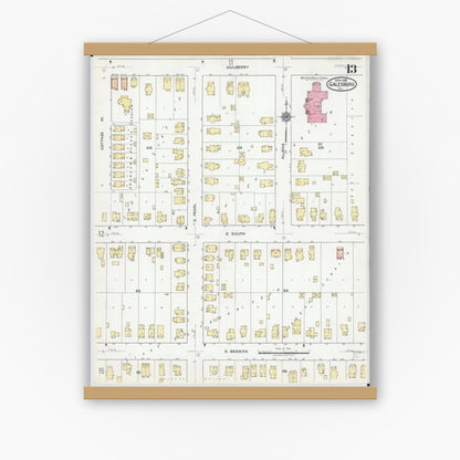 Old map wall art mockup — magnetic wood frame on white wall — Sanborn Fire Insurance Map from Galesburg, Knox County, Illinois (1918), Sheet #0013