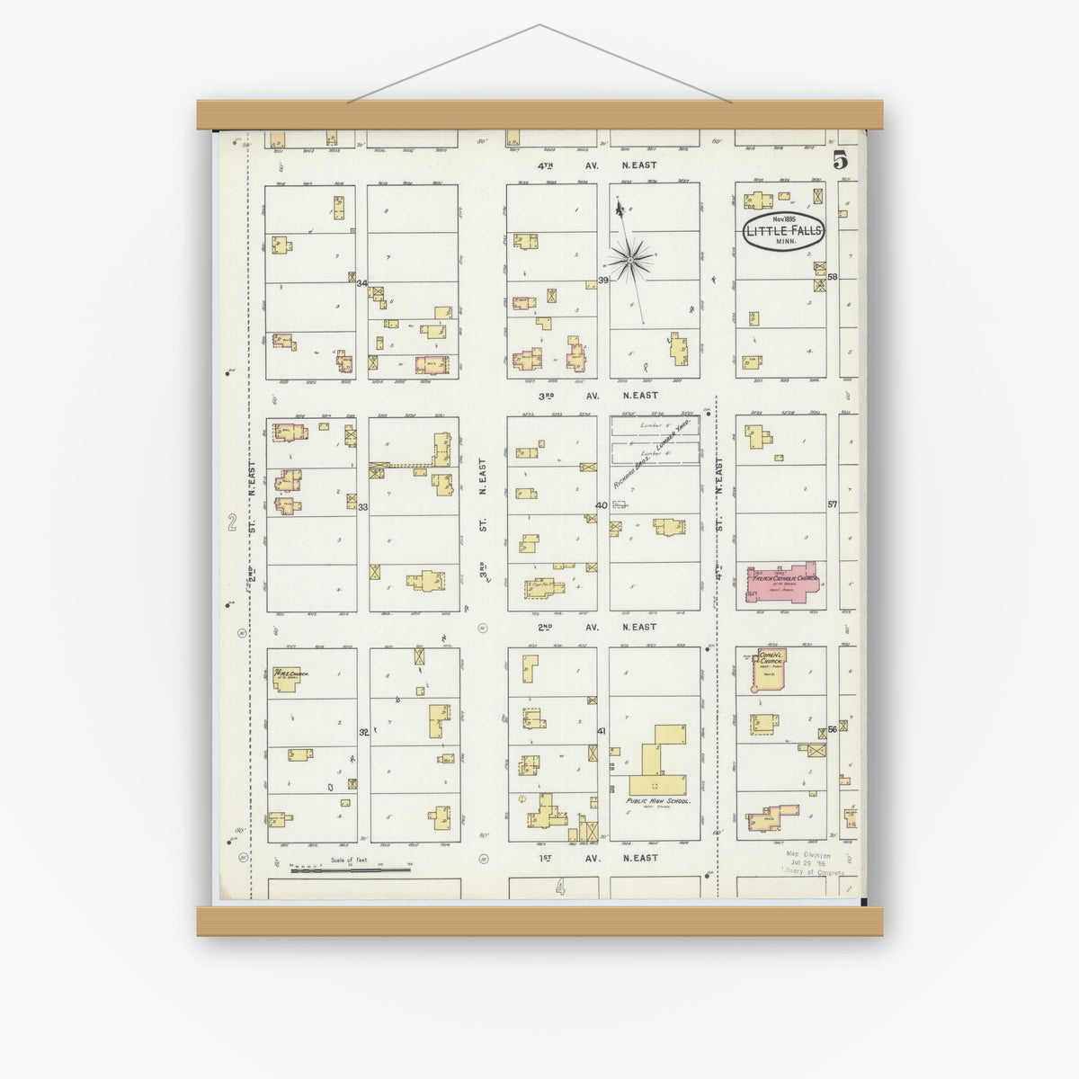 Old map wall art mockup — magnetic wood frame on white wall — Sanborn Fire Insurance Map from Little Falls, Morrison County, Minnesota (1895), Sheet #0005