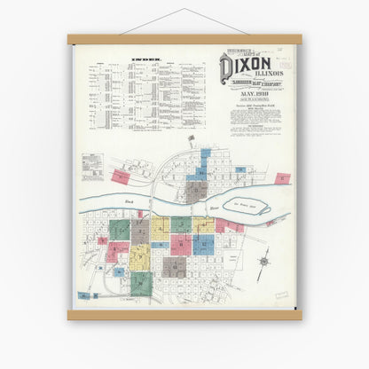 Old map wall art mockup — magnetic wood frame on white wall — Sanborn Fire Insurance Map from Dixon, Lee County, Illinois (1910) - Complete Map Set