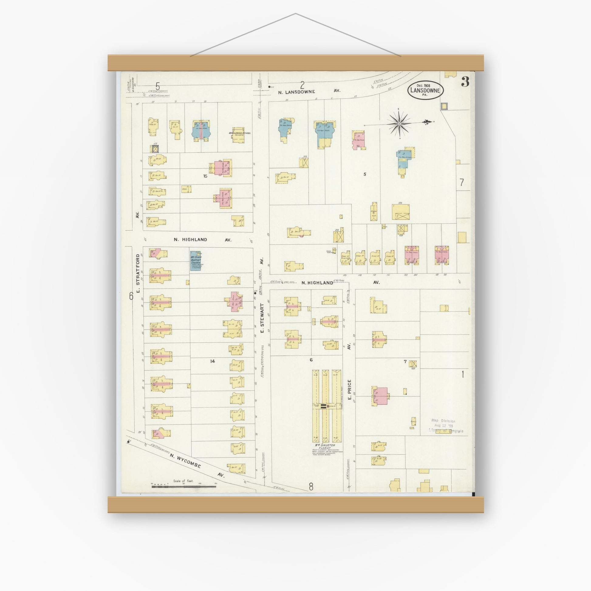 Old map wall art mockup — magnetic wood frame on white wall — Sanborn Fire Insurance Map from Lansdowne, Delaware County, Pennsylvania (1908), Sheet #0003