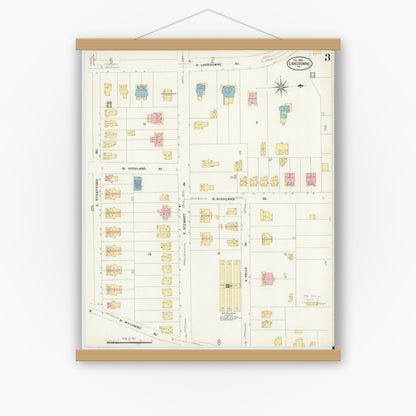 Old map wall art mockup — magnetic wood frame on white wall — Sanborn Fire Insurance Map from Lansdowne, Delaware County, Pennsylvania (1908), Sheet #0003