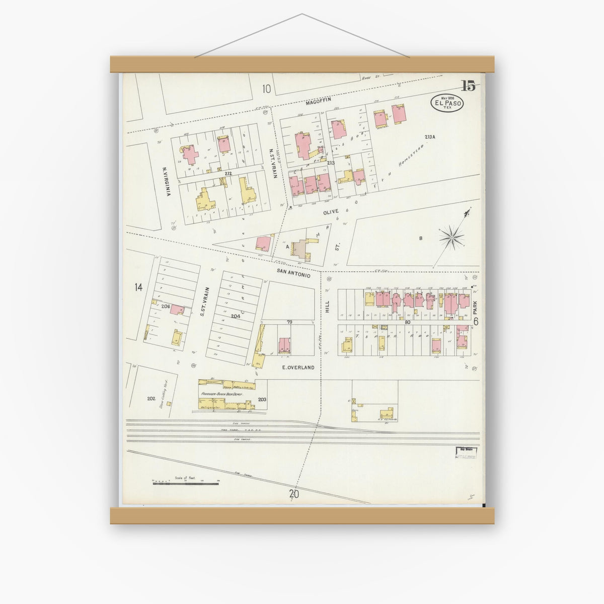 Old map wall art mockup — magnetic wood frame on white wall — Sanborn Fire Insurance Map from El Paso, El Paso County, Texas (1898), Sheet #0015