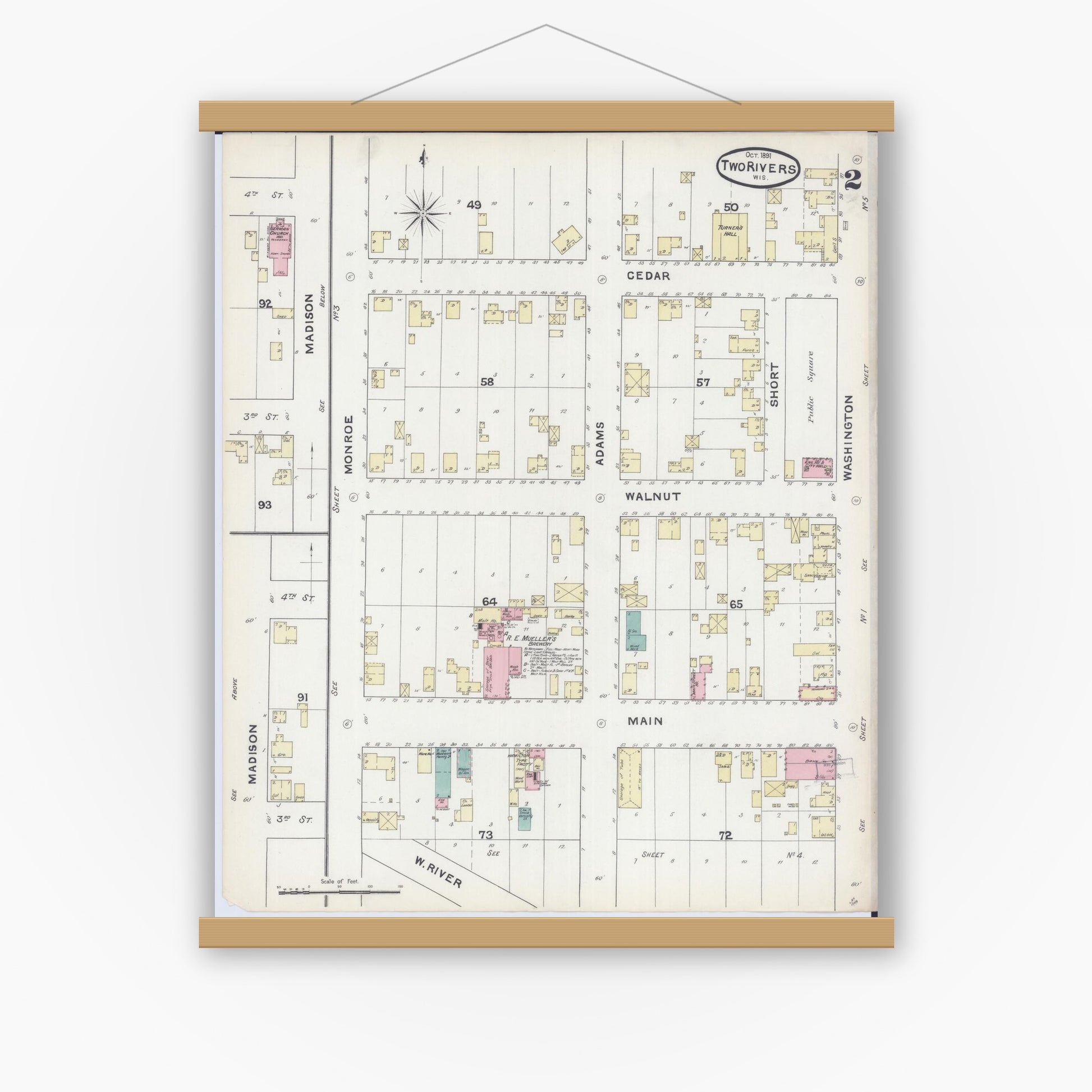 Old map wall art mockup — magnetic wood frame on white wall — Sanborn Fire Insurance Map from Two Rivers, Manitowoc County, Wisconsin (1891), Sheet #0002