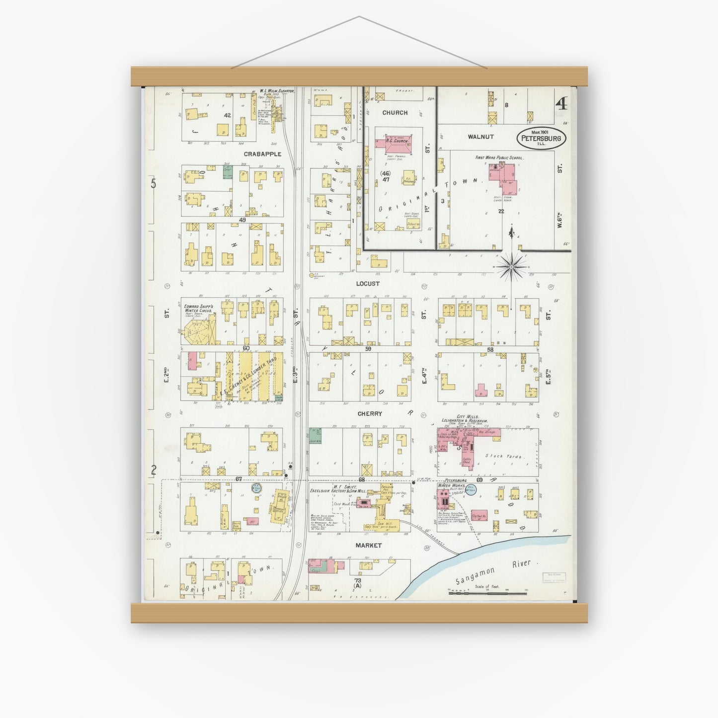 Old map wall art mockup — magnetic wood frame on white wall — Sanborn Fire Insurance Map from Petersburg, Menard County, Illinois (1901), Sheet #0004
