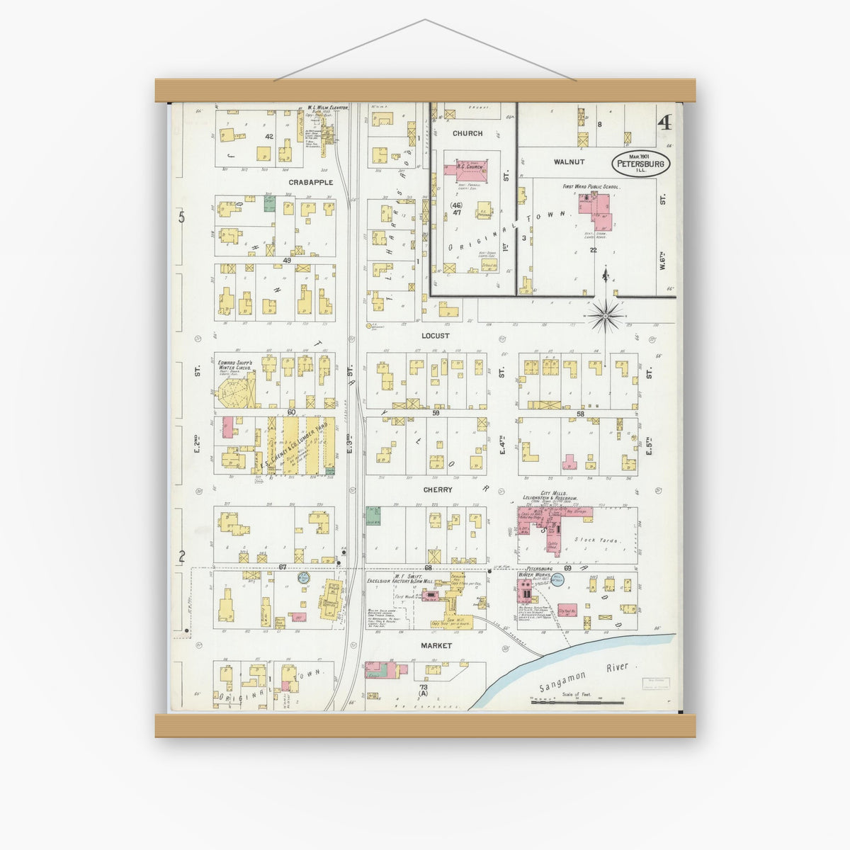 Old map wall art mockup — magnetic wood frame on white wall — Sanborn Fire Insurance Map from Petersburg, Menard County, Illinois (1901), Sheet #0004