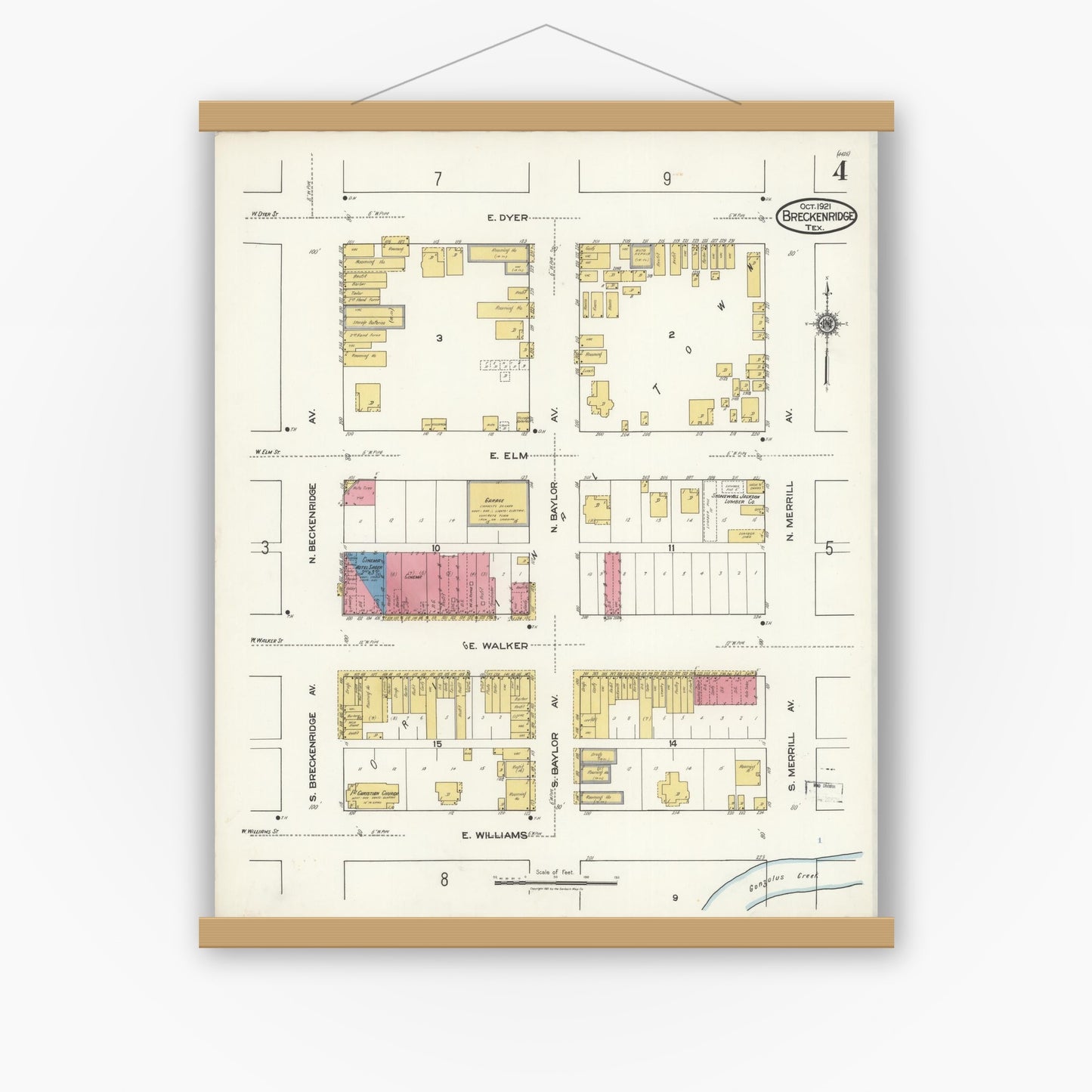 Old map wall art mockup — magnetic wood frame on white wall — Sanborn Fire Insurance Map from Breckenridge, Stephens County, Texas (1921), Sheet #0004