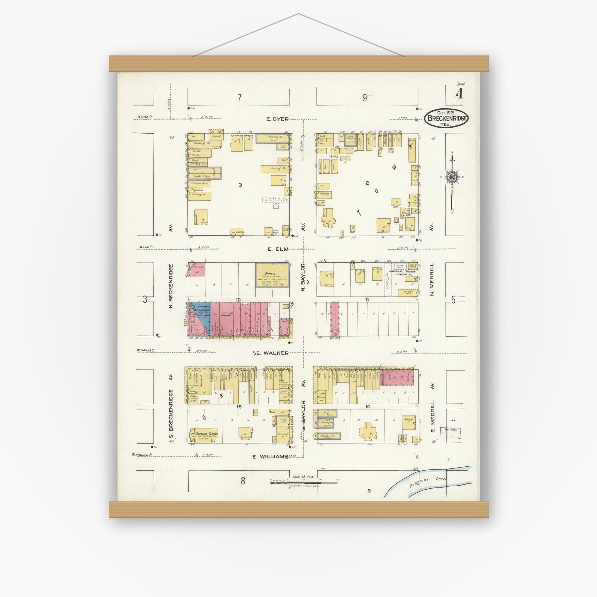 Old map wall art mockup — magnetic wood frame on white wall — Sanborn Fire Insurance Map from Breckenridge, Stephens County, Texas (1921), Sheet #0004