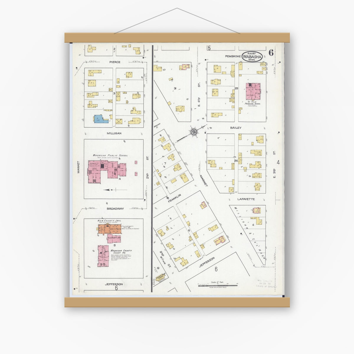 Old map wall art mockup — magnetic wood frame on white wall — Sanborn Fire Insurance Map from Wabasha, Wabasha County, Minnesota (1917), Sheet #0006
