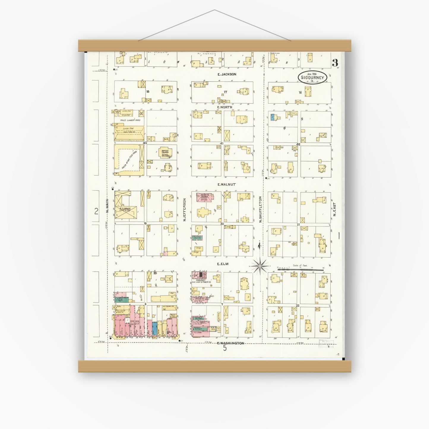 Old map wall art mockup — magnetic wood frame on white wall — Sanborn Fire Insurance Map from Sigourney, Kiokuk County, Iowa (1906), Sheet #0003