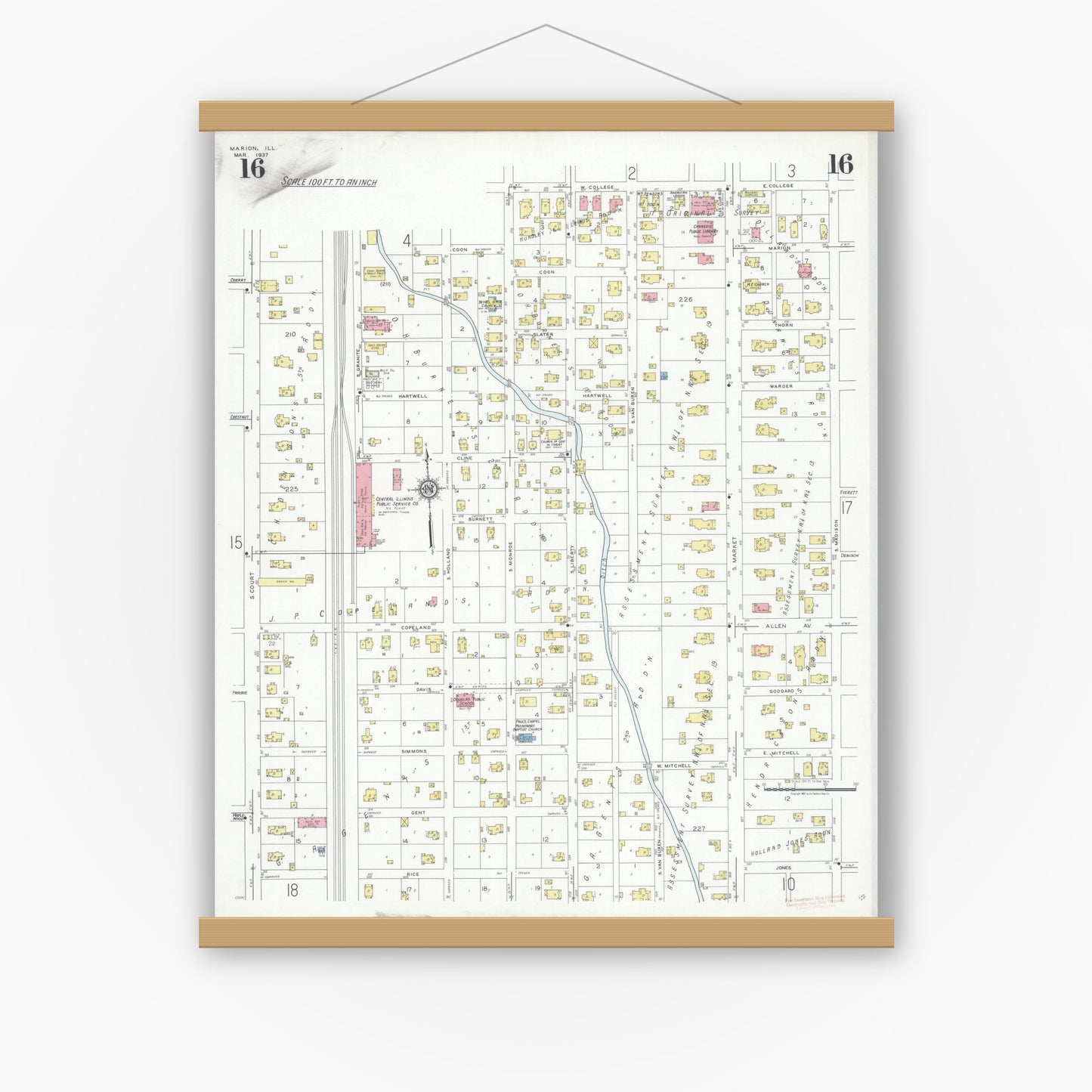 Old map wall art mockup — magnetic wood frame on white wall — Sanborn Fire Insurance Map from Marion, Williamson County, Illinois (1937), Sheet #0016