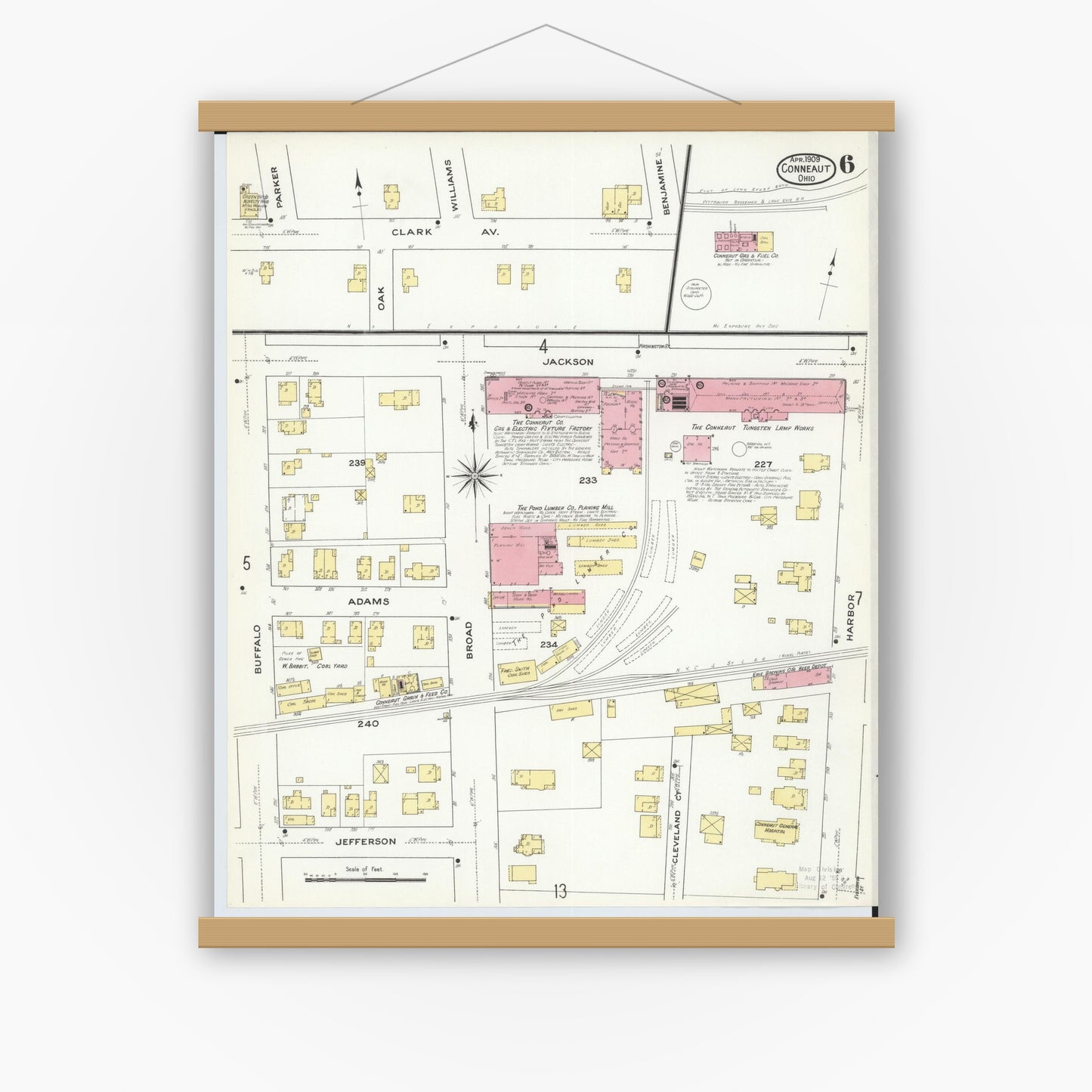 Old map wall art mockup — magnetic wood frame on white wall — Sanborn Fire Insurance Map from Conneaut, Ashtabula County, Ohio (1909), Sheet #0006