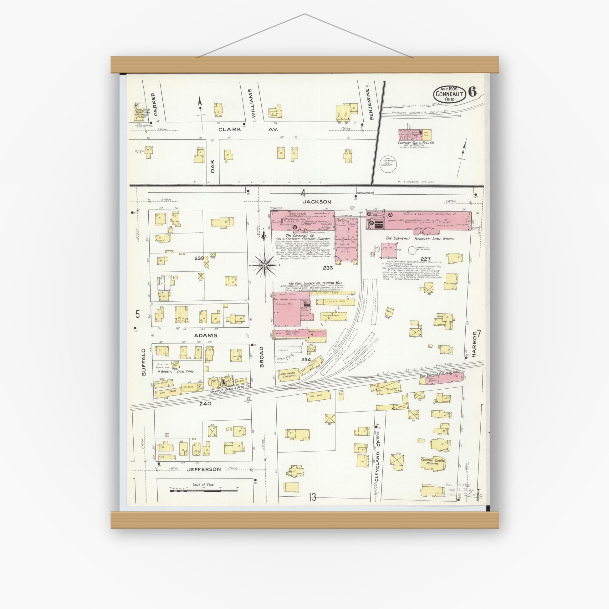 Old map wall art mockup — magnetic wood frame on white wall — Sanborn Fire Insurance Map from Conneaut, Ashtabula County, Ohio (1909), Sheet #0006