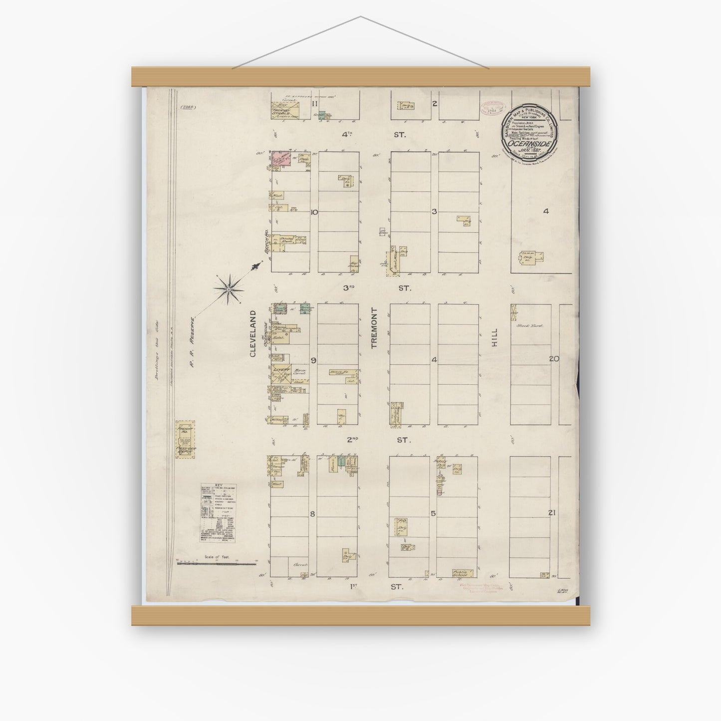 Old map wall art mockup — magnetic wood frame on white wall — Sanborn Fire Insurance Map from Oceanside, San Diego County, California (1887), Sheet #0001