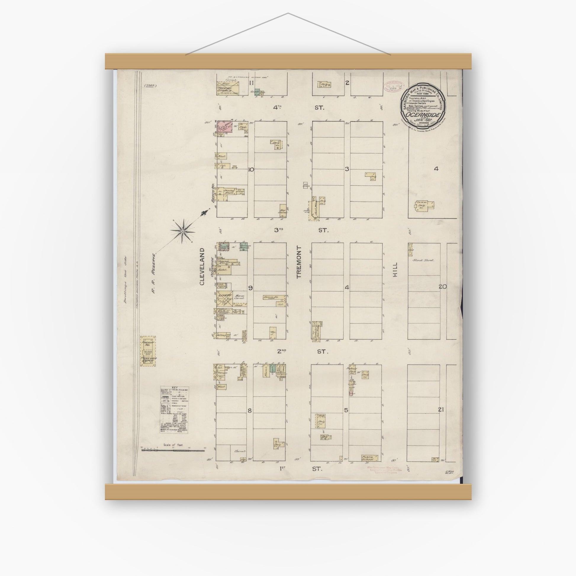 Old map wall art mockup — magnetic wood frame on white wall — Sanborn Fire Insurance Map from Oceanside, San Diego County, California (1887), Sheet #0001