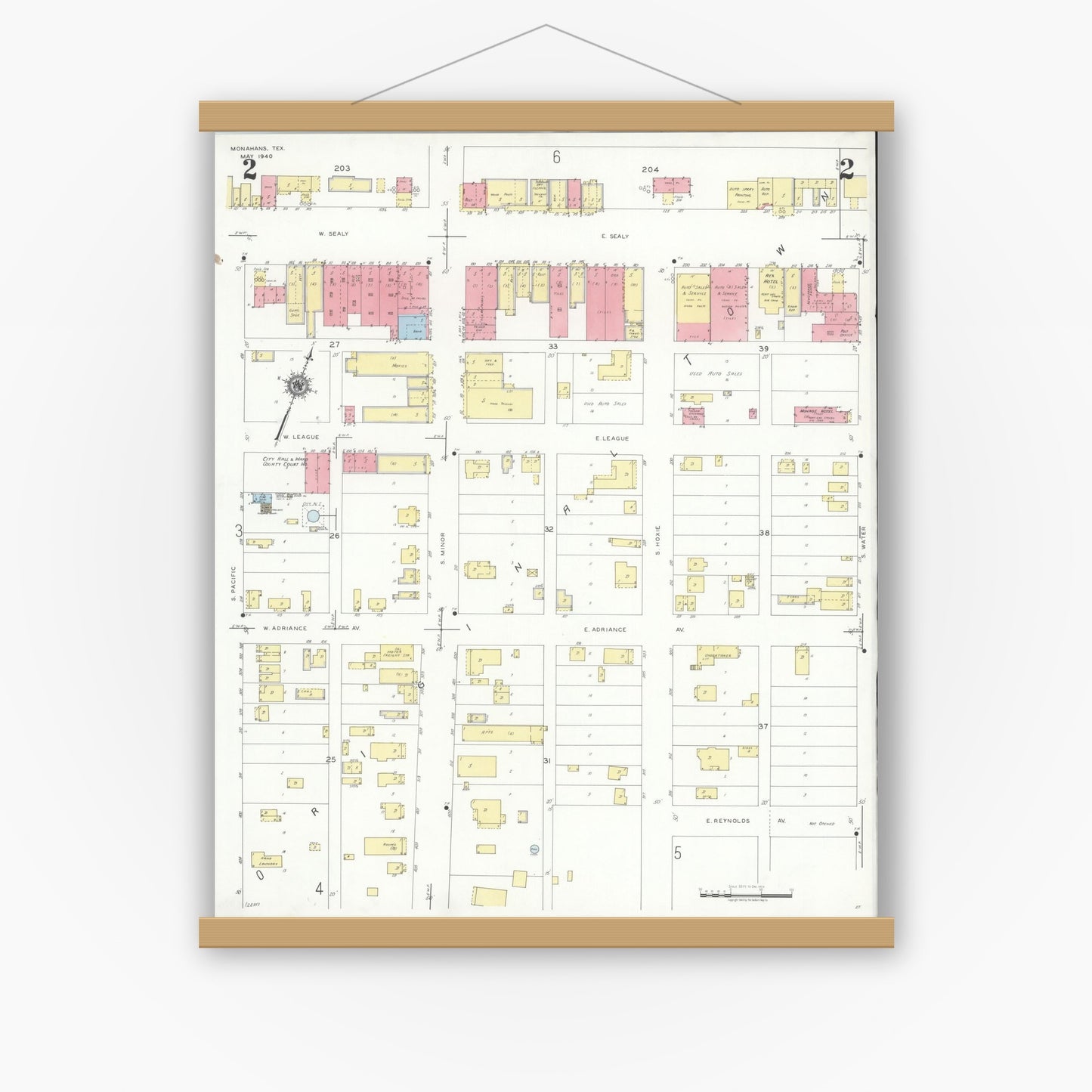 Old map wall art mockup — magnetic wood frame on white wall — Sanborn Fire Insurance Map from Monahans, Ward County, Texas (1940), Sheet #0002