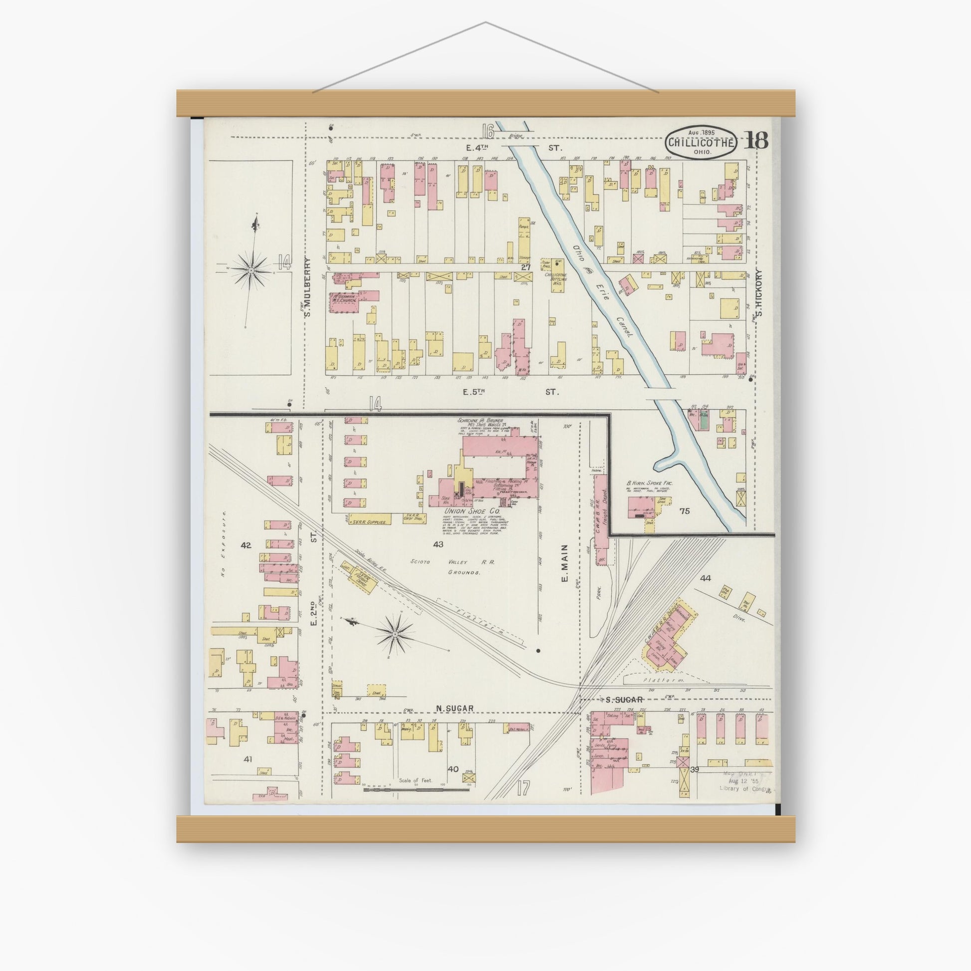 Old map wall art mockup — magnetic wood frame on white wall — Sanborn Fire Insurance Map from Chillicothe, Ross County, Ohio (1895), Sheet #0018