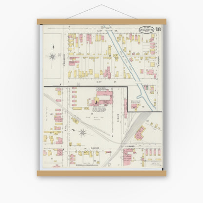 Old map wall art mockup — magnetic wood frame on white wall — Sanborn Fire Insurance Map from Chillicothe, Ross County, Ohio (1895), Sheet #0018
