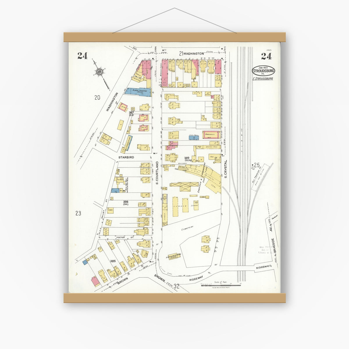 Old map wall art mockup — magnetic wood frame on white wall — Sanborn Fire Insurance Map from Stroudsburg, Monroe County, Pennsylvania (1923), Sheet #0024