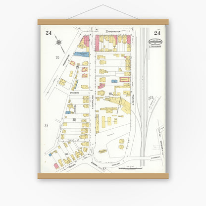 Old map wall art mockup — magnetic wood frame on white wall — Sanborn Fire Insurance Map from Stroudsburg, Monroe County, Pennsylvania (1923), Sheet #0024