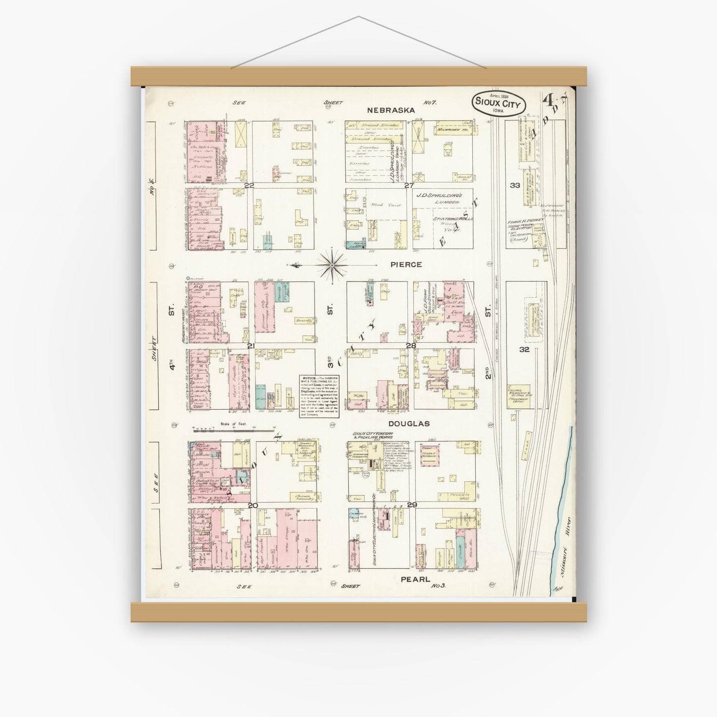 Old map wall art mockup — magnetic wood frame on white wall — Sanborn Fire Insurance Map from Sioux City, Woodbury County, Iowa (1884), Sheet #0004