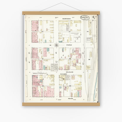 Old map wall art mockup — magnetic wood frame on white wall — Sanborn Fire Insurance Map from Sioux City, Woodbury County, Iowa (1884), Sheet #0004