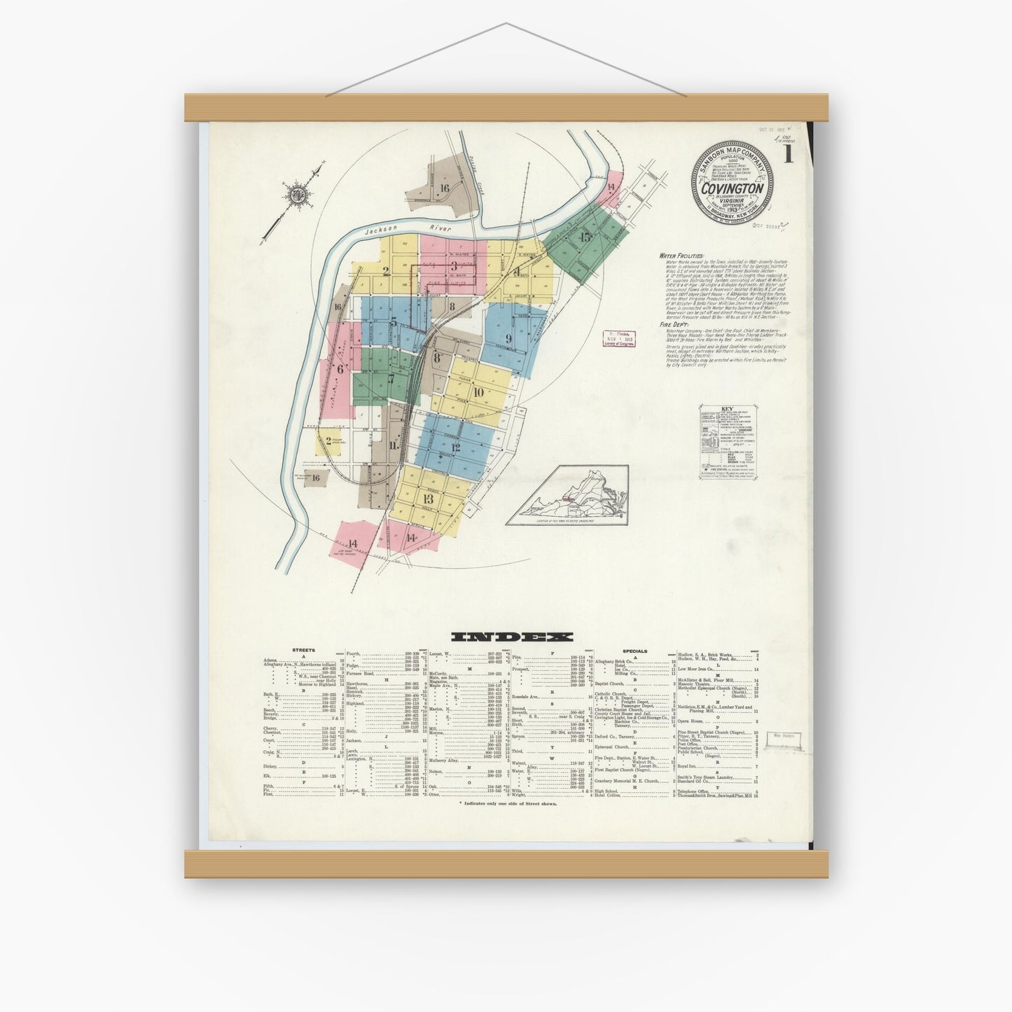 Old map wall art mockup — magnetic wood frame on white wall — Sanborn Fire Insurance Map from Covington, Independent Cities, Virginia (1913) - Complete Map Set
