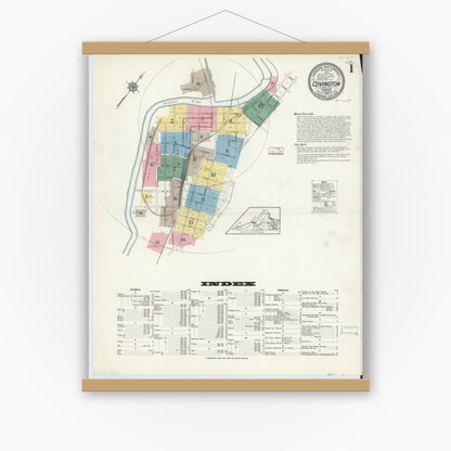 Old map wall art mockup — magnetic wood frame on white wall — Sanborn Fire Insurance Map from Covington, Independent Cities, Virginia (1913) - Complete Map Set