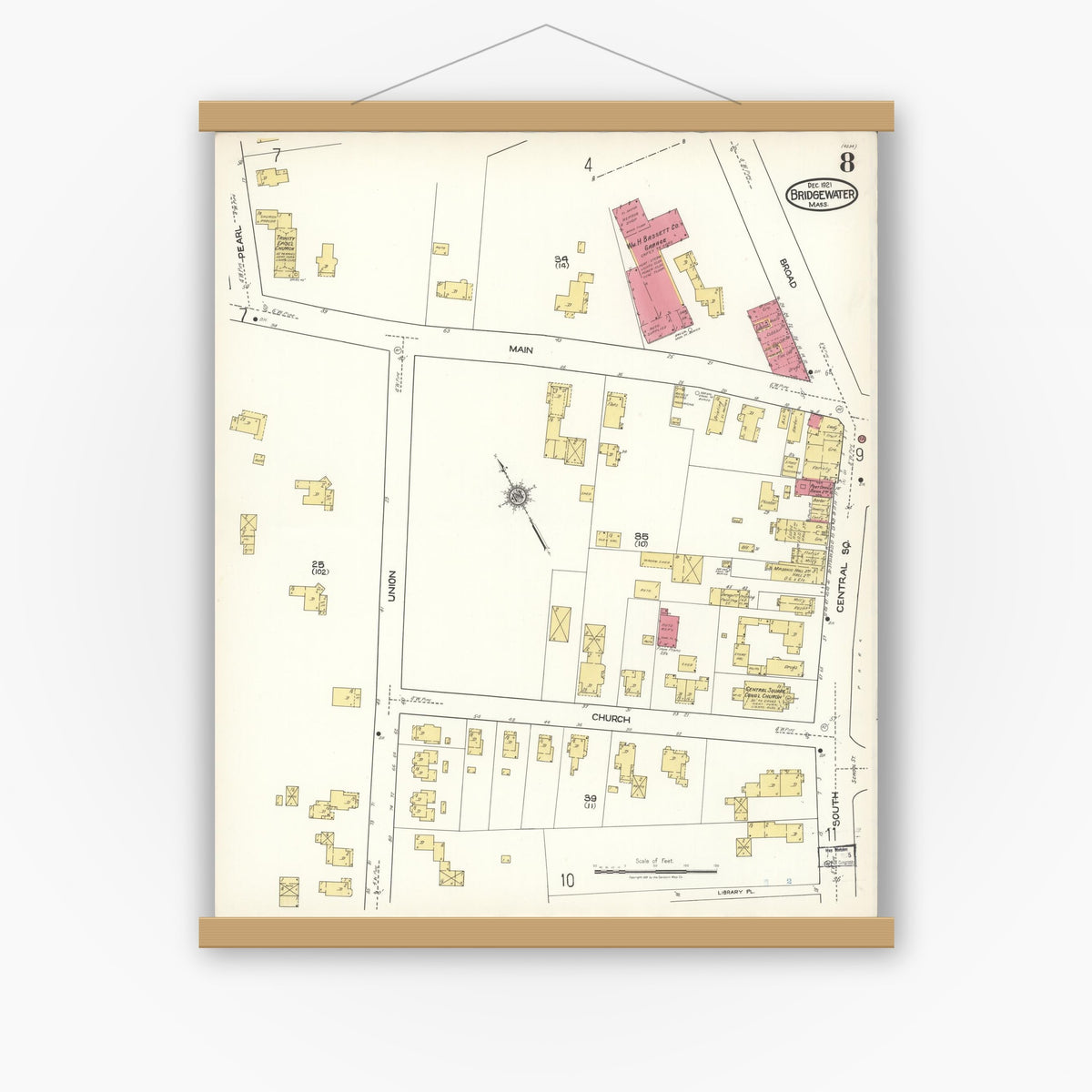 Old map wall art mockup — magnetic wood frame on white wall — Sanborn Fire Insurance Map from Bridgewater, Plymouth County, Massachusetts (1921), Sheet #0008