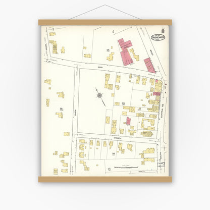 Old map wall art mockup — magnetic wood frame on white wall — Sanborn Fire Insurance Map from Bridgewater, Plymouth County, Massachusetts (1921), Sheet #0008