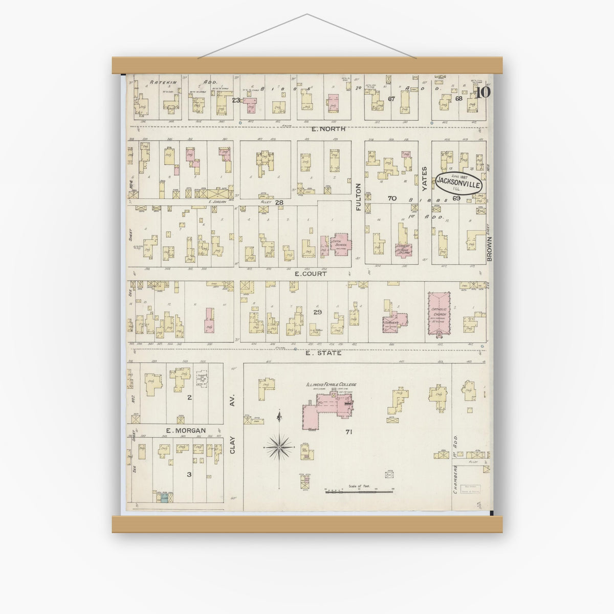 Old map wall art mockup — magnetic wood frame on white wall — Sanborn Fire Insurance Map from Jacksonville, Morgan County, Illinois (1887), Sheet #0010