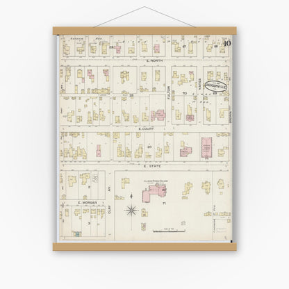 Old map wall art mockup — magnetic wood frame on white wall — Sanborn Fire Insurance Map from Jacksonville, Morgan County, Illinois (1887), Sheet #0010