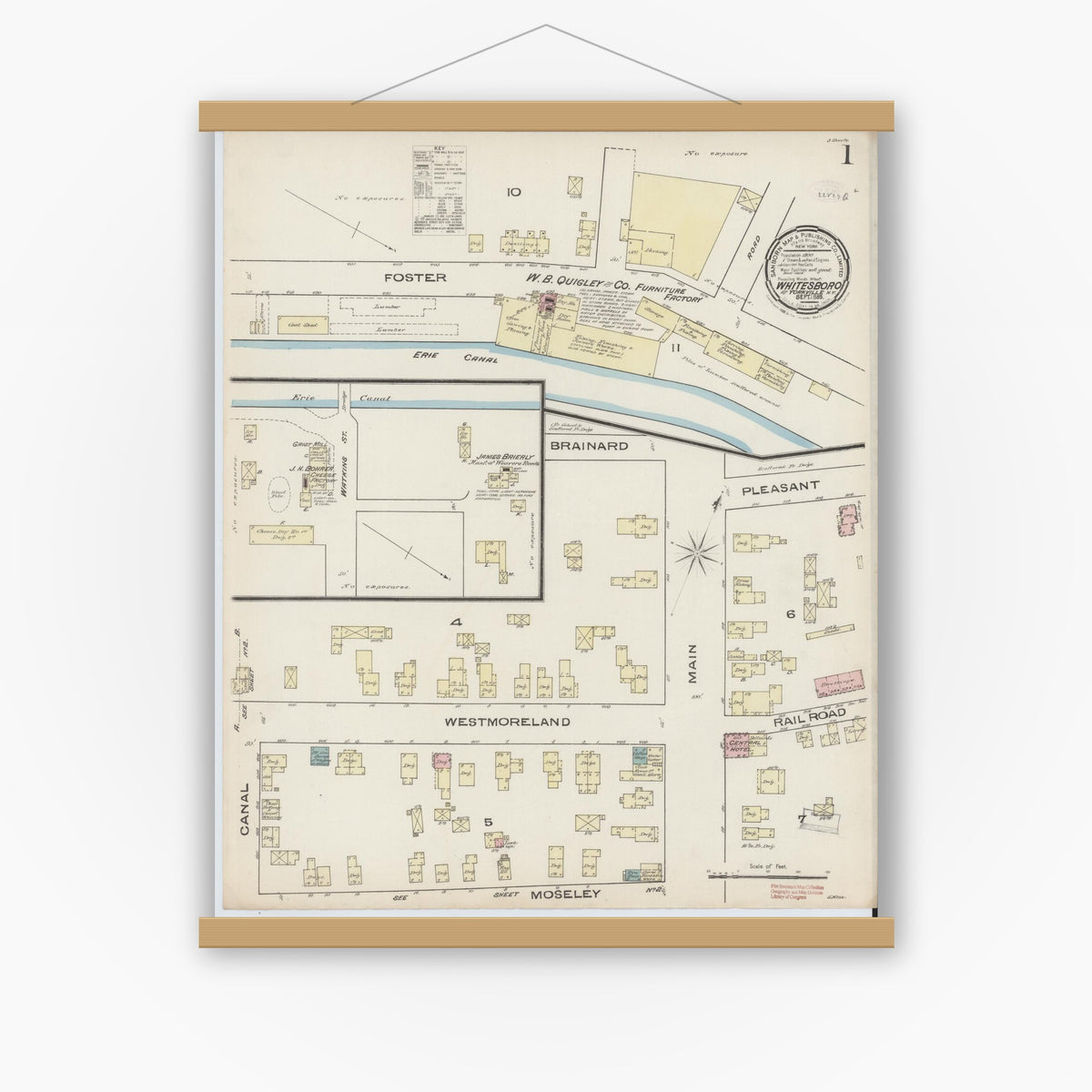 Old map wall art mockup — magnetic wood frame on white wall — Sanborn Fire Insurance Map from Whitesboro, Oneida County, New York (1885) - Complete Map Set